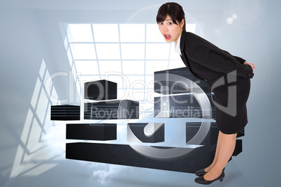 Composite image of surprised businesswoman bending