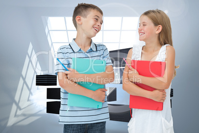 Composite image of smiling brother and sister holding their exer