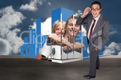 Composite image of thinking businessman touching his glasses