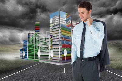 Composite image of smiling businessman holding his jacket