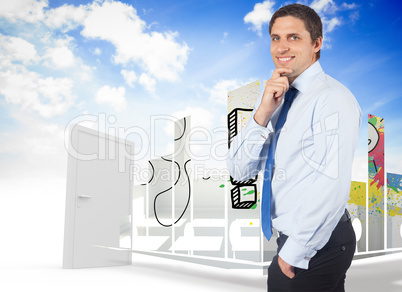 Composite image of thinking businessman touching his chin