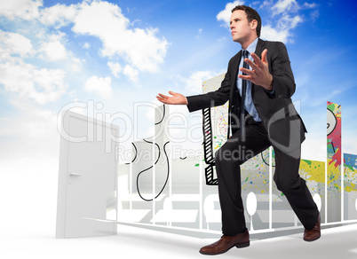 Composite image of businessman posing with arms outstretched