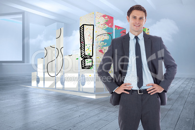 Composite image of smiling businessman with hands on hips