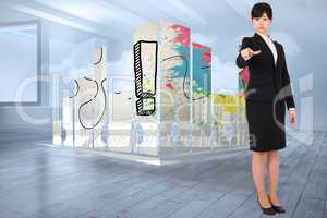 Composite image of focused businesswoman pointing