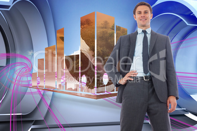 Composite image of cheerful businessman with hand on hip