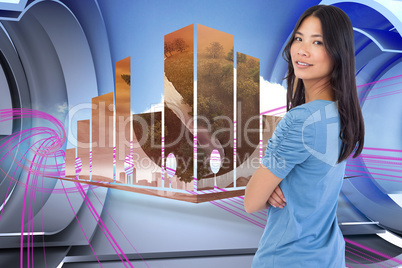 Composite image of smiling asian woman with arms crossed looking