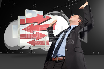 Composite image of businessman posing with arms raised