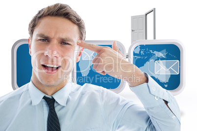 Composite image of businessman making gun gesture