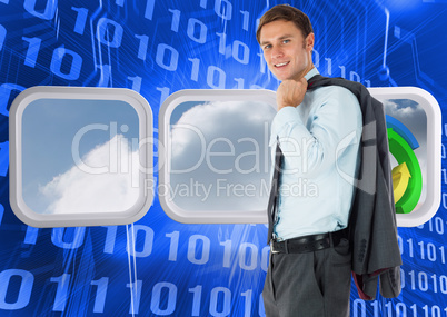 Composite image of smiling businessman holding his jacket