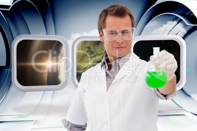 Composite image of young scientist working with a beaker