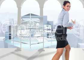 Composite image of furious businesswoman gesturing