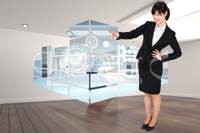 Composite image of smiling businesswoman pointing