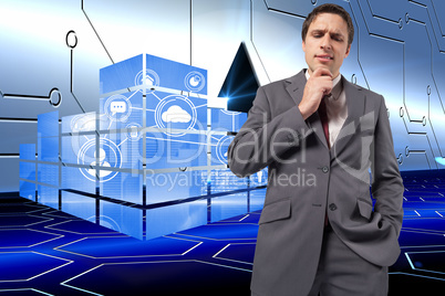 Composite image of thoughtful businessman with hand on chin