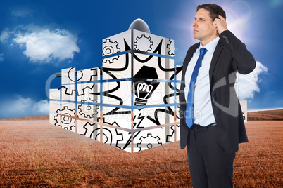 Composite image of thinking businessman scratching head