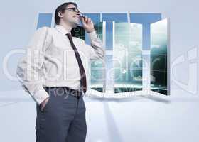 Composite image of thinking businessman touching his glasses