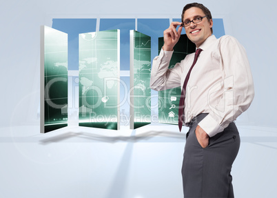 Composite image of thinking businessman touching his glasses