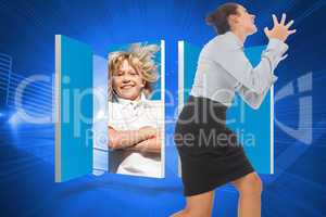 Composite image of furious businesswoman gesturing