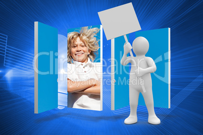 Composite image of white character holding placard