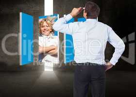 Composite image of thinking businessman tilting glasses