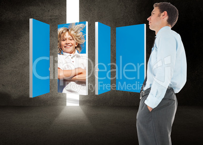 Composite image of serious businessman standing with hand in poc