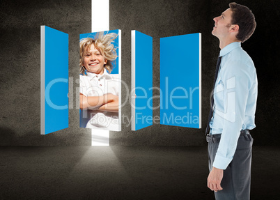 Composite image of smiling businessman standing with hand in poc