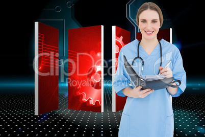 Composite image of female doctor writing into file
