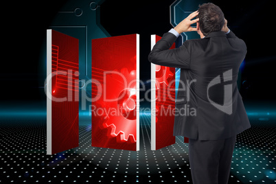 Composite image of stressed businessman with hands on head