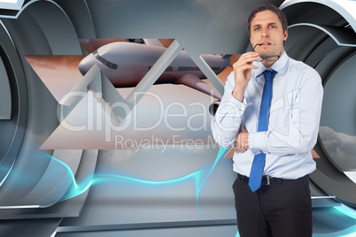 Composite image of thinking businessman biting glasses