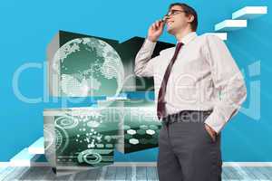 Composite image of thinking businessman touching his glasses