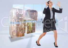 Composite image of angry businesswoman gesturing