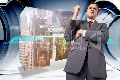 Composite image of thoughtful businessman holding pen