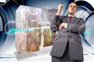 Composite image of thoughtful businessman holding pen