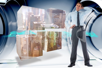 Composite image of thinking businessman with hand on head