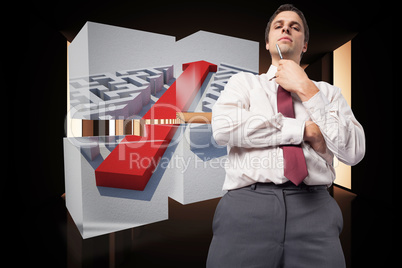 Composite image of thoughtful businessman holding pen to chin