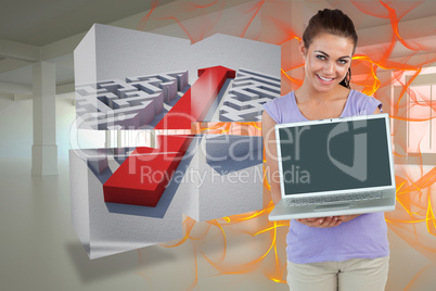 Composite image of smiling young female with her laptop