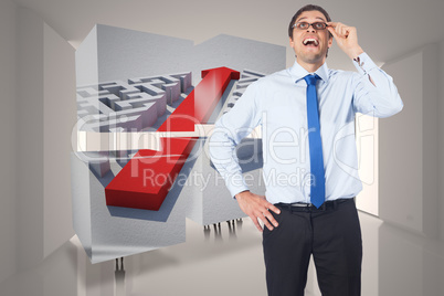 Composite image of thinking businessman tilting glasses