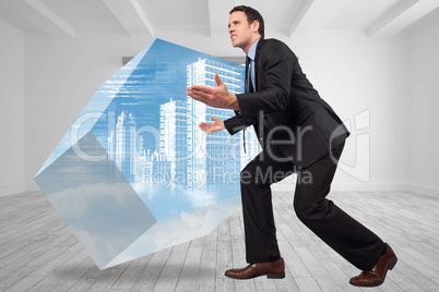 Composite image of businessman posing with arms outstretched