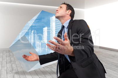 Composite image of businessman posing with arms out