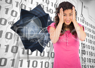 Composite image of cute brunette having headache