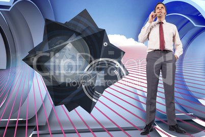 Composite image of thinking businessman holding glasses