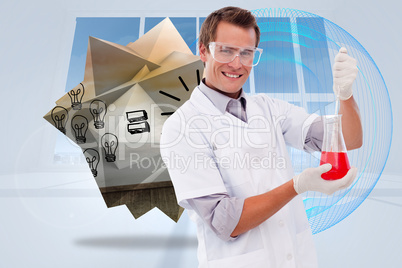 Composite image of young scientist working with a beaker