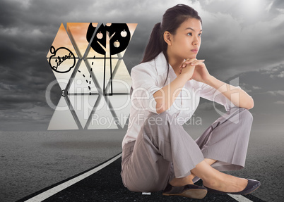 Composite image of thinking businesswoman sitting with hands tog