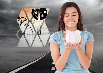 Composite image of attractive woman posing with a piggy bank