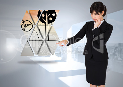 Composite image of thoughtful businesswoman pointing