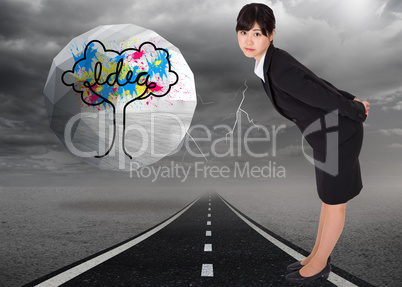 Composite image of serious businesswoman bending