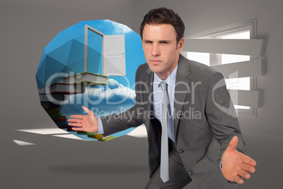 Composite image of businessman posing with hands out