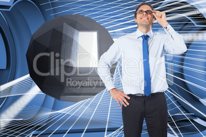 Composite image of thinking businessman tilting glasses