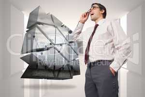 Composite image of thinking businessman touching his glasses