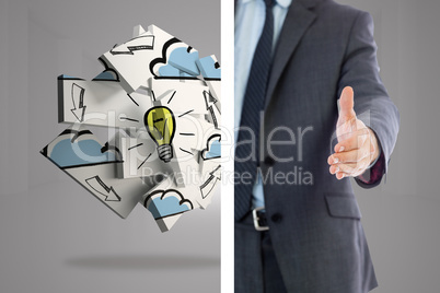 Composite image of businessman reaching hand out Composite image of businessman reaching hand out