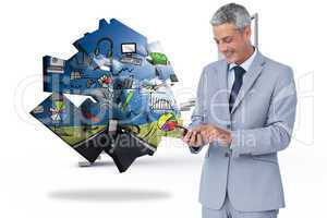 Composite image of cheerful businessman sending text message